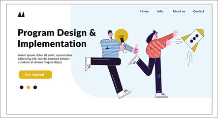 Program Design Implementation landing page heading concept. Template for website. Idea, programming, coding, testing, launching. Modern flat vector illustration with character isolated on white 