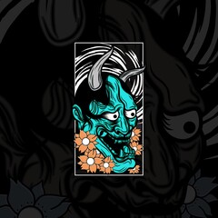 Wall Mural - Japanese Hannya Mask With Flower Tattoo T-shirt Design Illustration