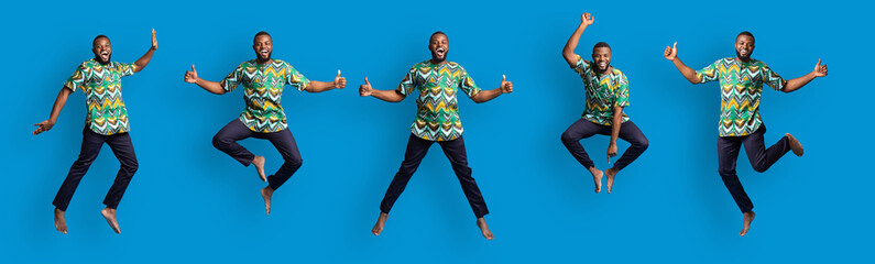 Collage of jumping black guy in traditional african costume