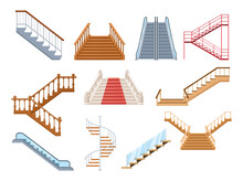 Wooden and metal staircase with handrails set. Wooden staircases covered with carpet, spiral staircase, store escalator, floor to floor ladder isolated cartoon