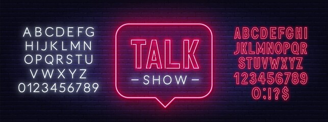 Wall Mural - Talk show neon sign on brick wall background. White and red neon alphabets. Vector illustration.