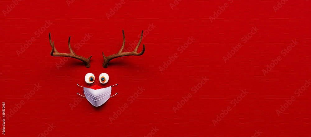 Reindeer toy with cold red nose and medical mask on red Christmas Corona background 3D Rendering - obrazy, fototapety, plakaty 