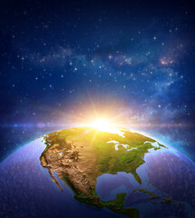 Wall Mural - surface of planet earth, space view of the world focused on the united states of america usa. rising