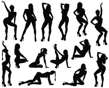 Set Of Vector Silhouettes Of Sexy Pinup Girls In Dance Shoes. Shapes Of Beautiful Dancing Woman In Different Poses. Beauty And Fashion Model Icons Isolated On White Background.