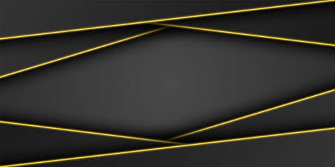 Wall Mural - abstract gold metallic black frame background, triangular overlap layer with bright yellow light lin