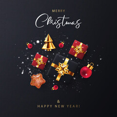 Christmas greeting card, poster, holiday cover, web banner. Xmas modern design with 3d realistic golden black and red gifts, golden conical christmas tree, balls, on black background with falling snow