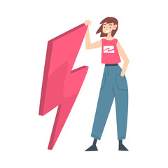 Sticker - Tiny Young Woman Holding Huge Lightning Cartoon Style Vector Illustration