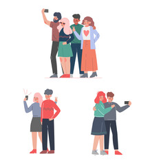 Poster - People Taking Selfie with Smartphone Set, Friends Spending Time Together and Photographing Cartoon Style Vector Illustration