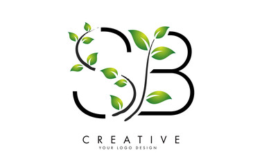 Leaf Letters SB S B Logo Design with Green Leaves on a Branch. Letters SB S B with nature concept.