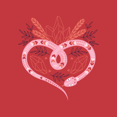 Wall Mural - Ornate Bohemian Snake with love ornament in Heart shape Crystals Folk florals print 