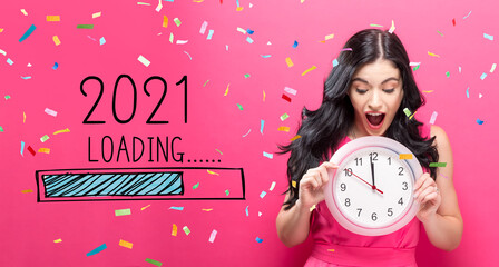 Poster - Loading new year 2021 with young woman holding a clock showing nearly 12