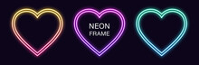 Gradient Neon Heart Frame. Vector Set Of Romantic Neon Border With Double Outline
