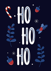 Cute hand drawn lettering ho ho ho christmas text vector card illustration background design with holidays symbols