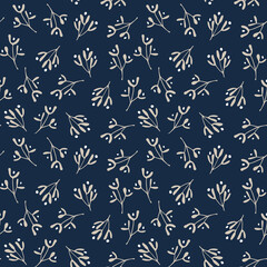Wall Mural - Elegant hand drawn Christmas seamless pattern with golden mistletoe and dark blue background. Winter design for textile, wrapping paper or scarpbooking. Tile vector illustration background.