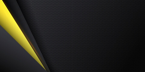 Futuristic perforated technology abstract background with yellow neon glowing lines. Vector banner design