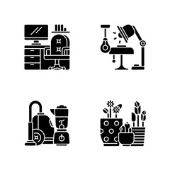 Wall Mural - Home and living design black glyph icons set on white space. Office furniture. Lighting. House appliances. Flower planters. Work-from-home tech. Silhouette symbols. Vector isolated illustration