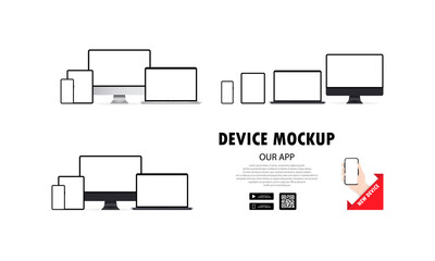Wall Mural - realisric devices big set. computer, laptop, tablet and smartphone mock ups. hand is holding phone. 