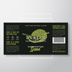 Wall Mural - Handcrafted Fruit Spread or Jam Label Template. Abstract Vector Packaging Design Layout. Modern Typography Banner with Hand Drawn Durian with Slice Silhouette Background. Isolated