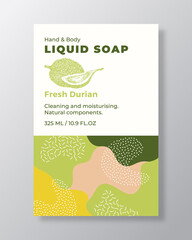 Wall Mural - Liquid Soap Package Label Template. Abstract Shapes Camo Background Vector Cover. Cosmetics Packaging Design. Modern Typography and Hand Drawn Durian with a Slice Sketch. Isolated