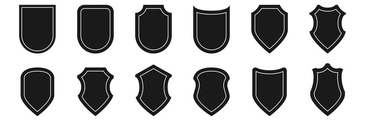 Wall Mural - Shield emblem collection on white background. Isolated heraldic security symbol. Protection pictogram in black. Privacy icon in medieval style. Vector illustration. EPS 10.