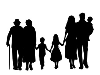 Family silhouettes grandparents father mother and three children from back