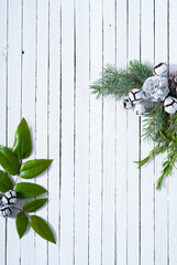 Wall Mural - Christmas decoration evergreen cones and twigs on white wooden table background