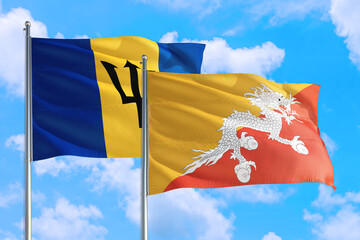 Wall Mural - Bhutan and Barbados national flag waving in the windy deep blue sky. Diplomacy and international relations concept.