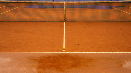 Poster - Small tennis ball in front of the net in the court