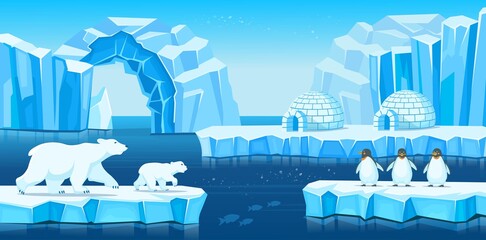 Arctic landscape with icebergs, igloo, polar bears, penguins and sea or ocean. Vector  cartoon illustration for games and mobile applications.