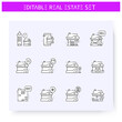 © Antstudio - Real estate concept line icons set. Selling, choosing, parking and more. Real estate, housing business concept. Lease home and housing amenities. Isolated vector illustrations. Editable stroke