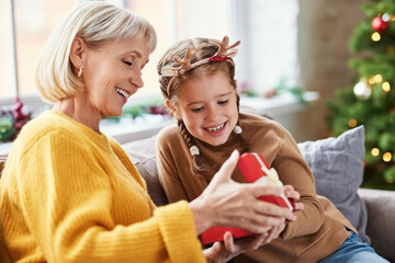 Sticker - Happy family on Christmas morning. Affectionate grandmother and cheerful granddaughter open a holiday gift together  .