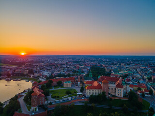 Aerial view of Wawel castle in Krakow, Poland during s sunset