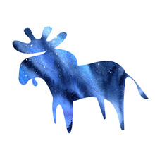 Elk Silhouette On White, Double Exposure With Beautiful Starry Sky With Northern Lights. Watercolor Illustration.