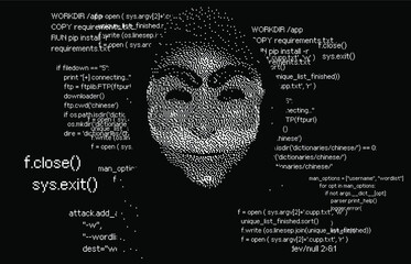 Wall Mural - Computer hacker in hoodie and mask. Human head with pixelated face. Data thief, internet fraud, anonymous vector concept.