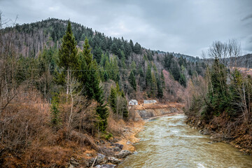 Poster - River with rapids and cold winter mountain landscape