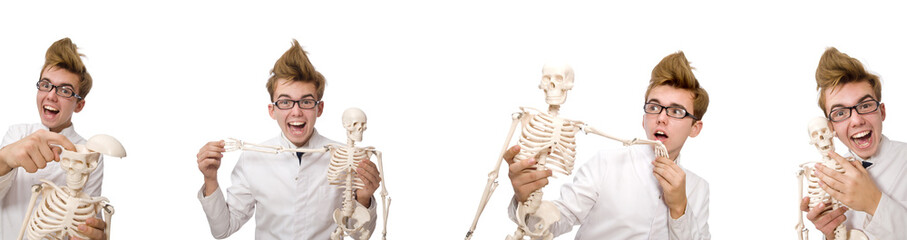 Wall Mural - Funny doctor with skeleton isolated on white