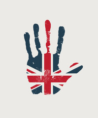 Canvas Print - Abstract flag of Great Britain in the form of a handprint. Human palm print in the colors of the UK flag. Creative vector design element isolated on a light background.