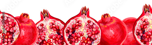 Fotografía Seamless border of hand-drawn gouache fruits. Grenades.
