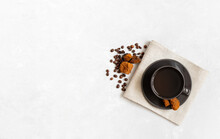 Mushroom Chaga Coffee Superfood On White Background. Trendy Healthy Drink. Copy Space, Top View, Flat Lay.