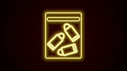 Sticker - Glowing neon line Evidence bag and bullet icon isolated on black background. 4K Video motion graphic animation