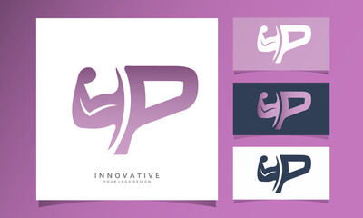 Wall Mural - letter P and strong arm vector logo design, Graphic designer studio Concept.