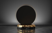 3d Render, Abstract Modern Minimal Background With Golden Cobble Platform, Round Black Board And Reflection In The Water. Empty Podium. Blank Showcase Mockup For Product Displaying