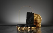 3d Render, Abstract Black And Gold Background With Cobblestones And Golden Arch Frame, Stand On The Wet Floor With Reflection, Modern Minimal Showcase For Product Display. Empty Stage With Podium