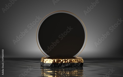 Cuadros en Lienzo 3d render, abstract modern minimal background with golden cobble platform, round black board and reflection in the water