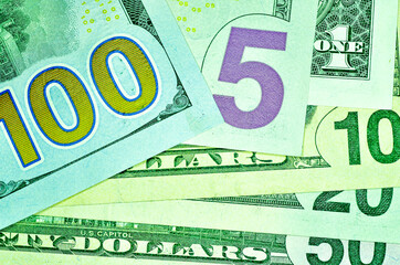 Poster - Top view shot of one, five, ten, twenty, fifty and hundred dollar banknotes