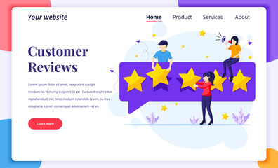  Landing page design concept of Customer reviews concept, People giving five stars rating and review, positive feedback. Customer Service and User Experience. Flat vector illustration