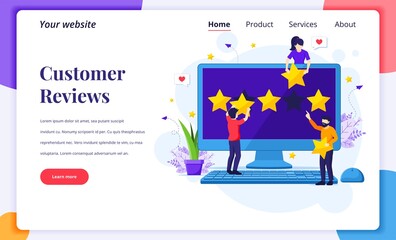 Wall Mural - Landing page design concept of Customer reviews concept, People giving five stars rating and review, positive feedback. Customer Service and User Experience. Flat vector illustration