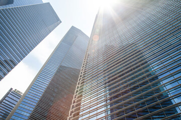 city skyscrapers. Looking Up At Modern Corporate Buildings Abstract Crop Background - stock photo