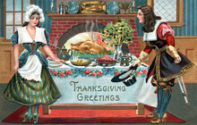 Pilgrim Couple Standing At Dinner Table. Vintage Thanksgiving Theme Postcard, Restored Artwork, Color, Details Enhanced. Festive Autumn Illustrations From The Past.