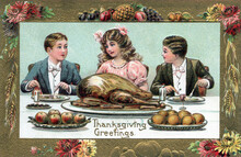 Three Well Dressed Young People At Turkey Dinner. Vintage Thanksgiving Theme Postcard, Restored Artwork, Color, Details Enhanced. Festive Autumn Illustrations From The Past.